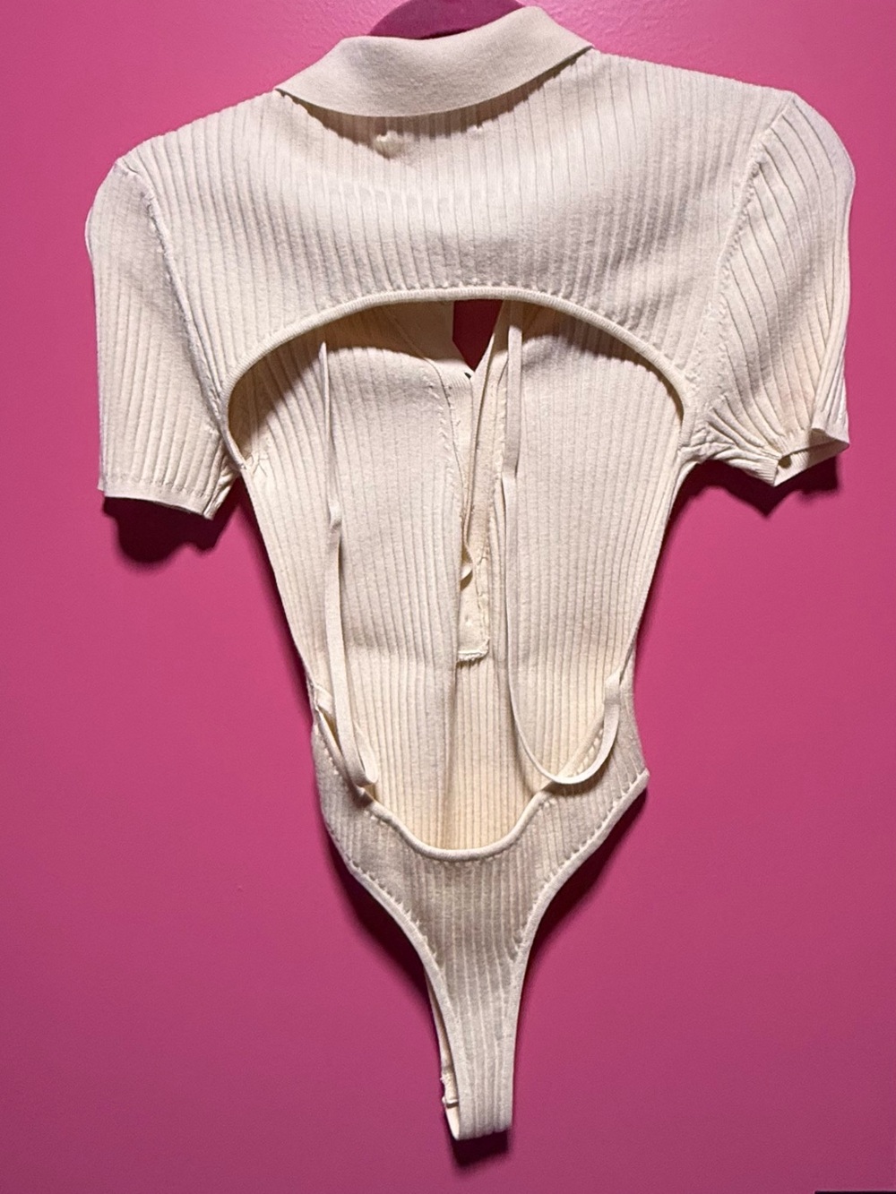 Mistress Rocks Cream Ribbed Polo button front Bodysuit - Picture 6 of 8